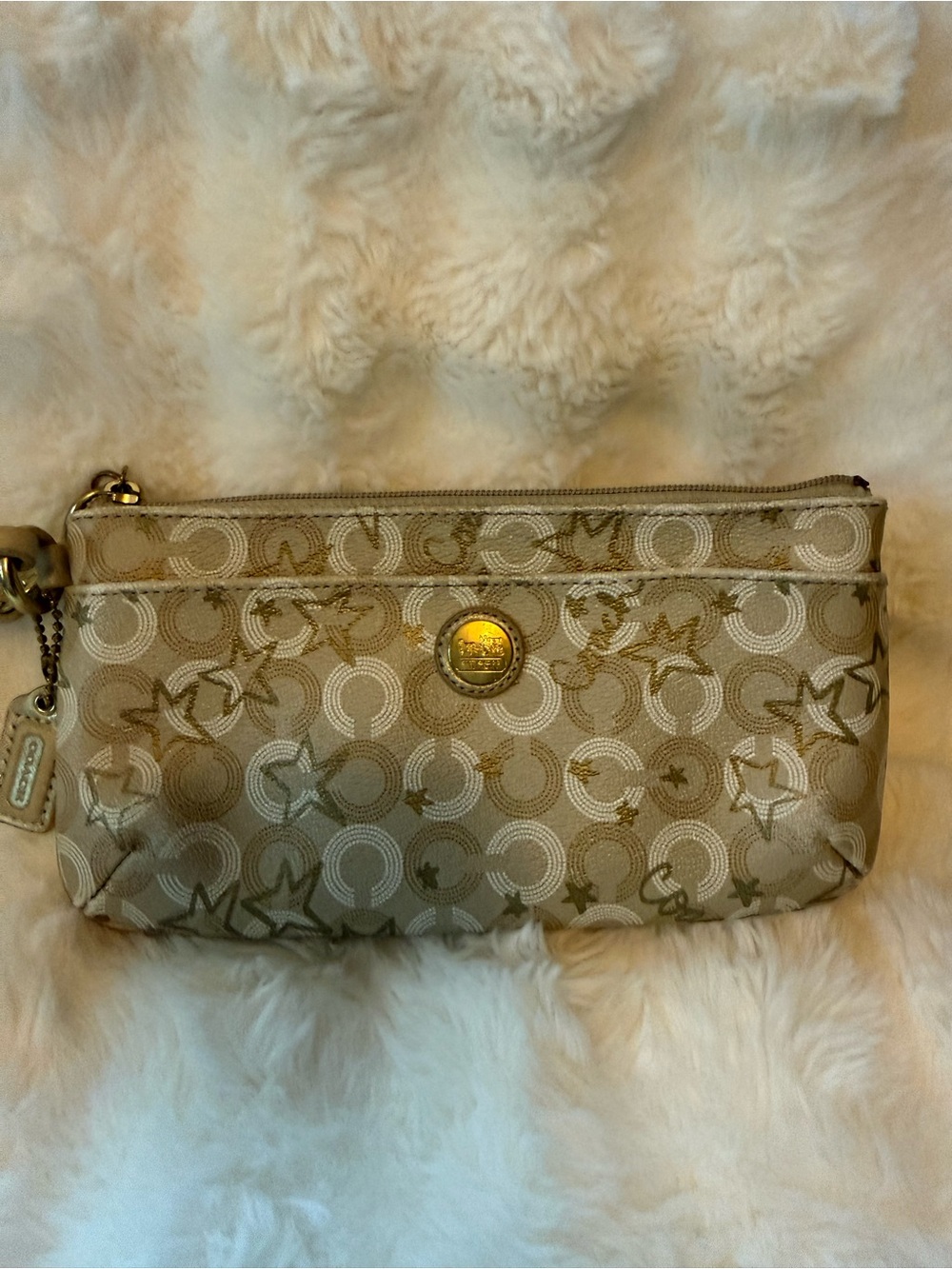 Coach Beige and Gold Signature Wristlet Clutch